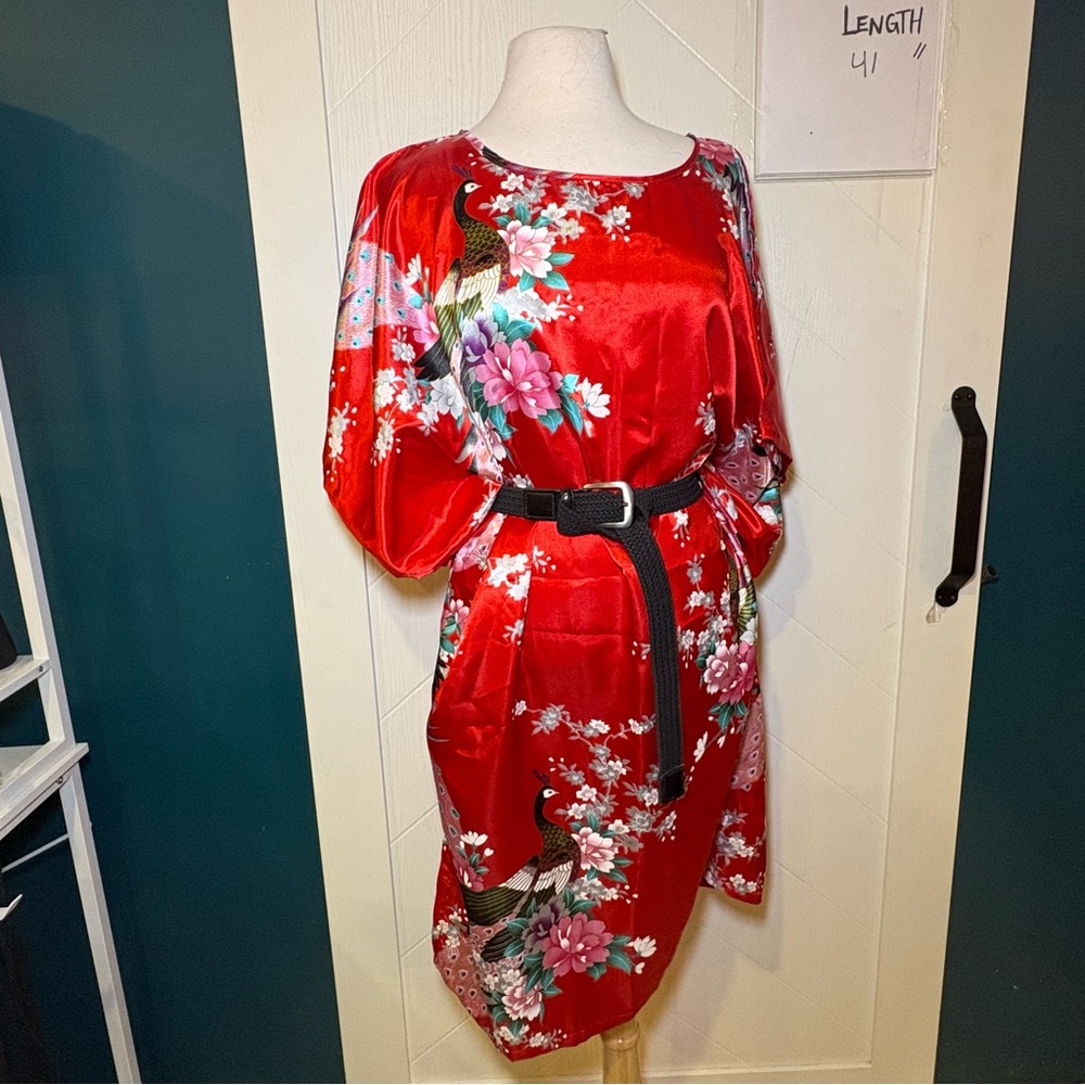 Cool Art Red Satin Kaftan Loungewear Peacock Floral Kimono Maxi Dress Boho Mumu - Picture 8 of 8